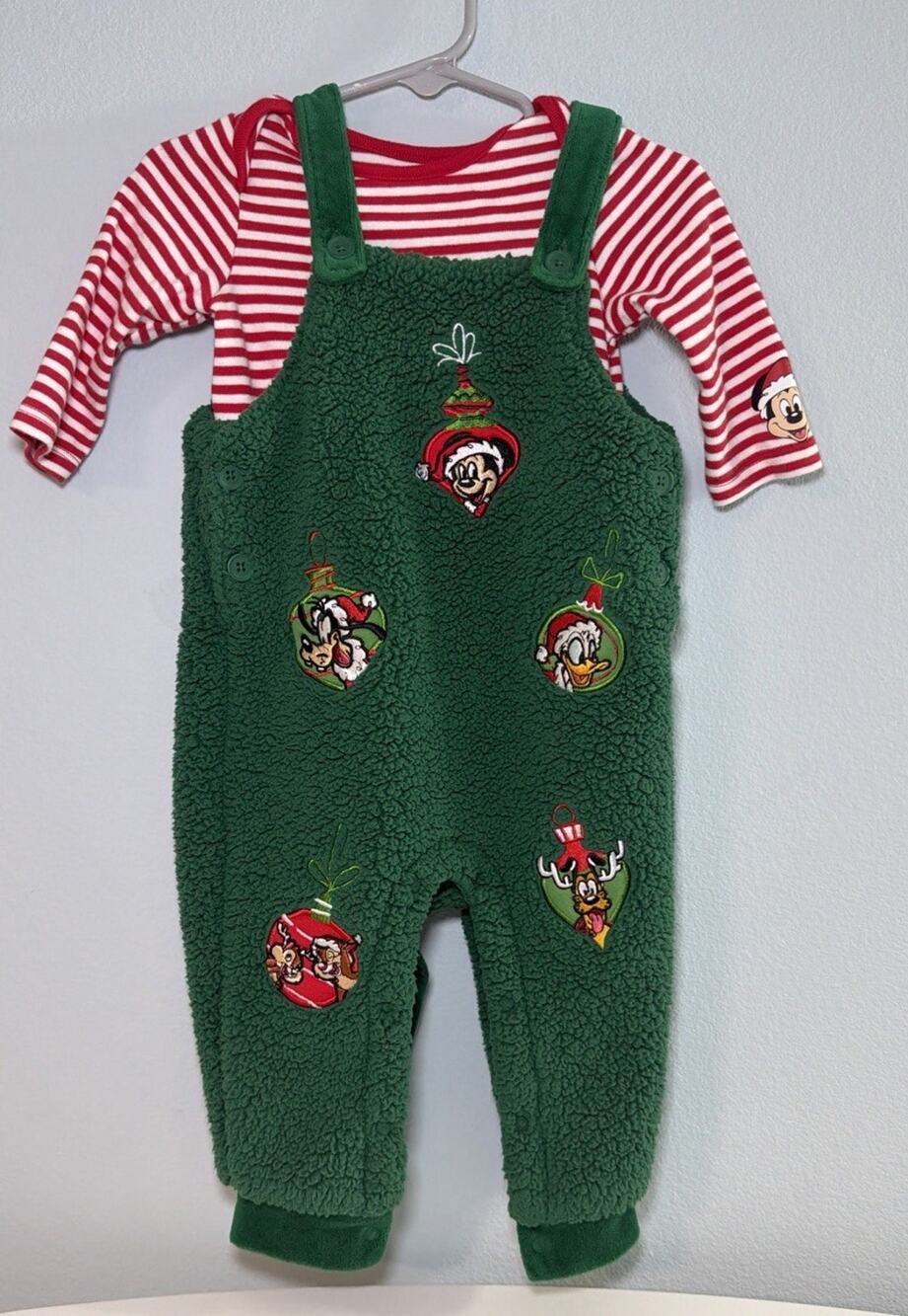 Disney Baby Christmas Mickey & Friends Overall Set 9-12 Mo Green Red